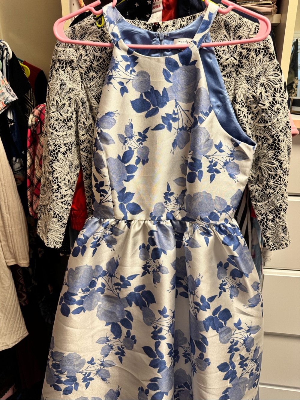 Metallic blue and white silk, formal dress